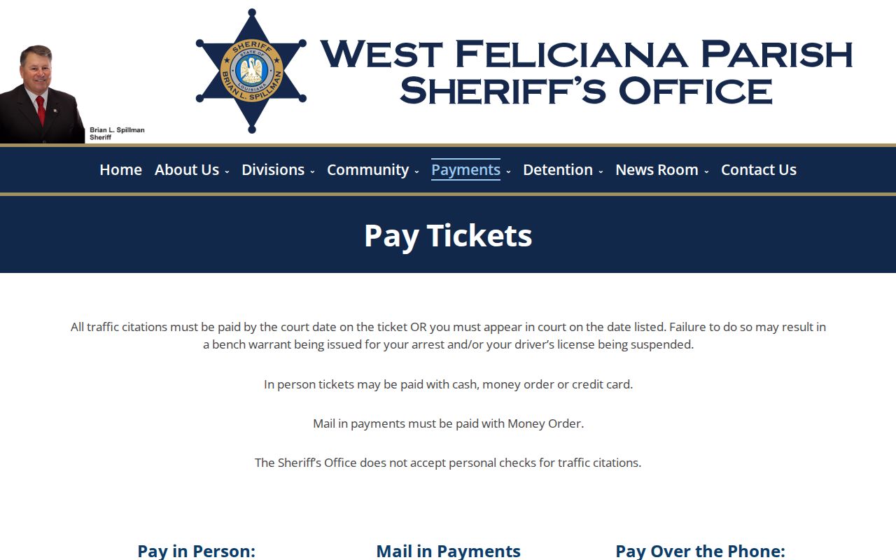 West Feliciana Parish Sheriff traffic ticket payment and failure to appear warning page