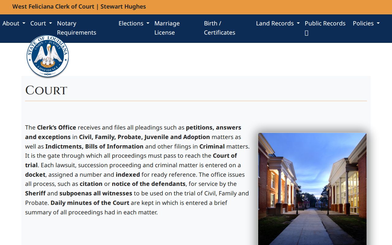 West Feliciana Parish Clerk of Court criminal record role page for warrant records