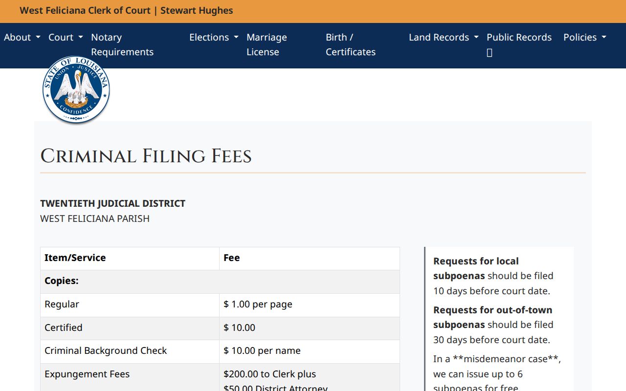 West Feliciana Parish Clerk fee page for warrant record copies and minute extracts
