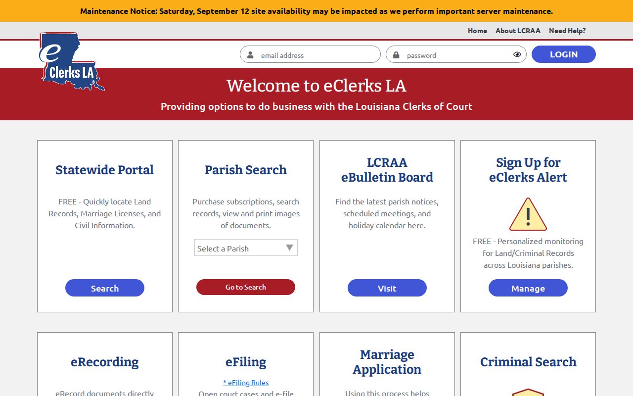 eClerks statewide parish record search page used in a West Feliciana Parish warrant search