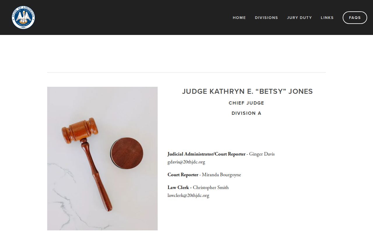 Twentieth Judicial District Court Division A chief judge page for West Feliciana Parish bench warrants