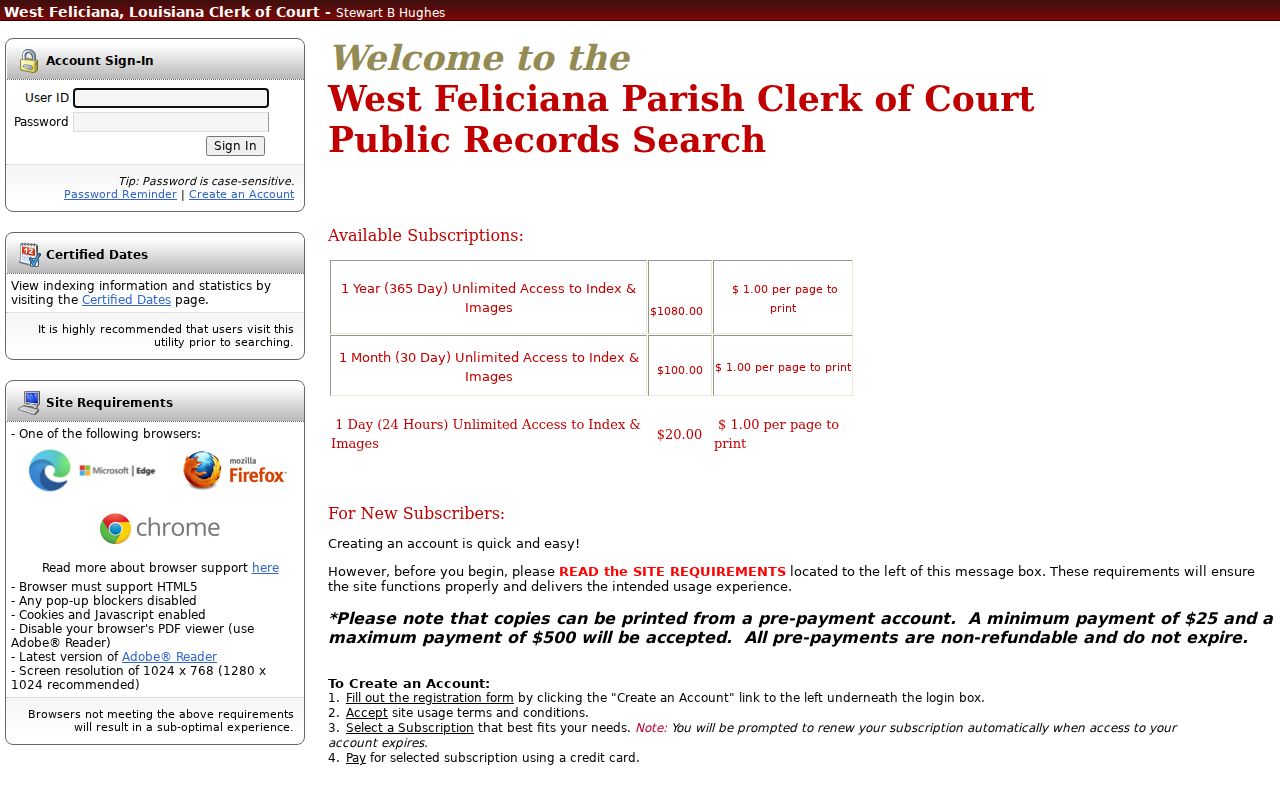West Feliciana Parish eClerks login screen for criminal warrant record access