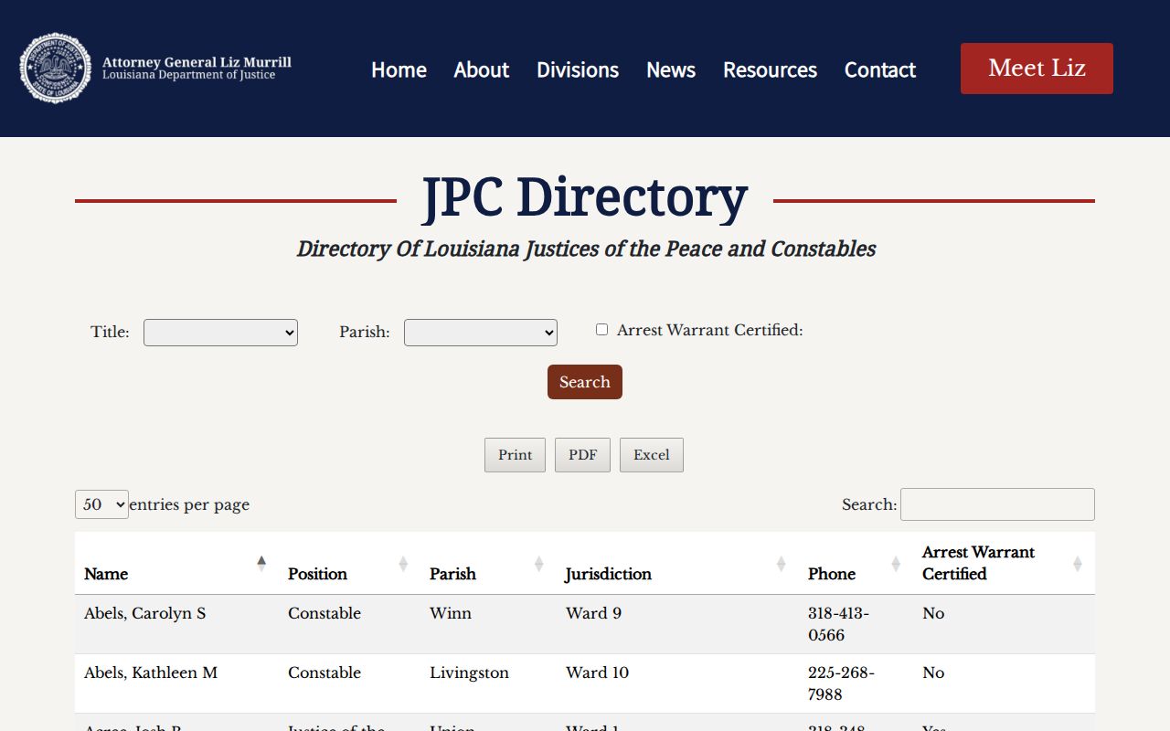 Louisiana Justice Court directory fields for West Feliciana Parish justice court warrants