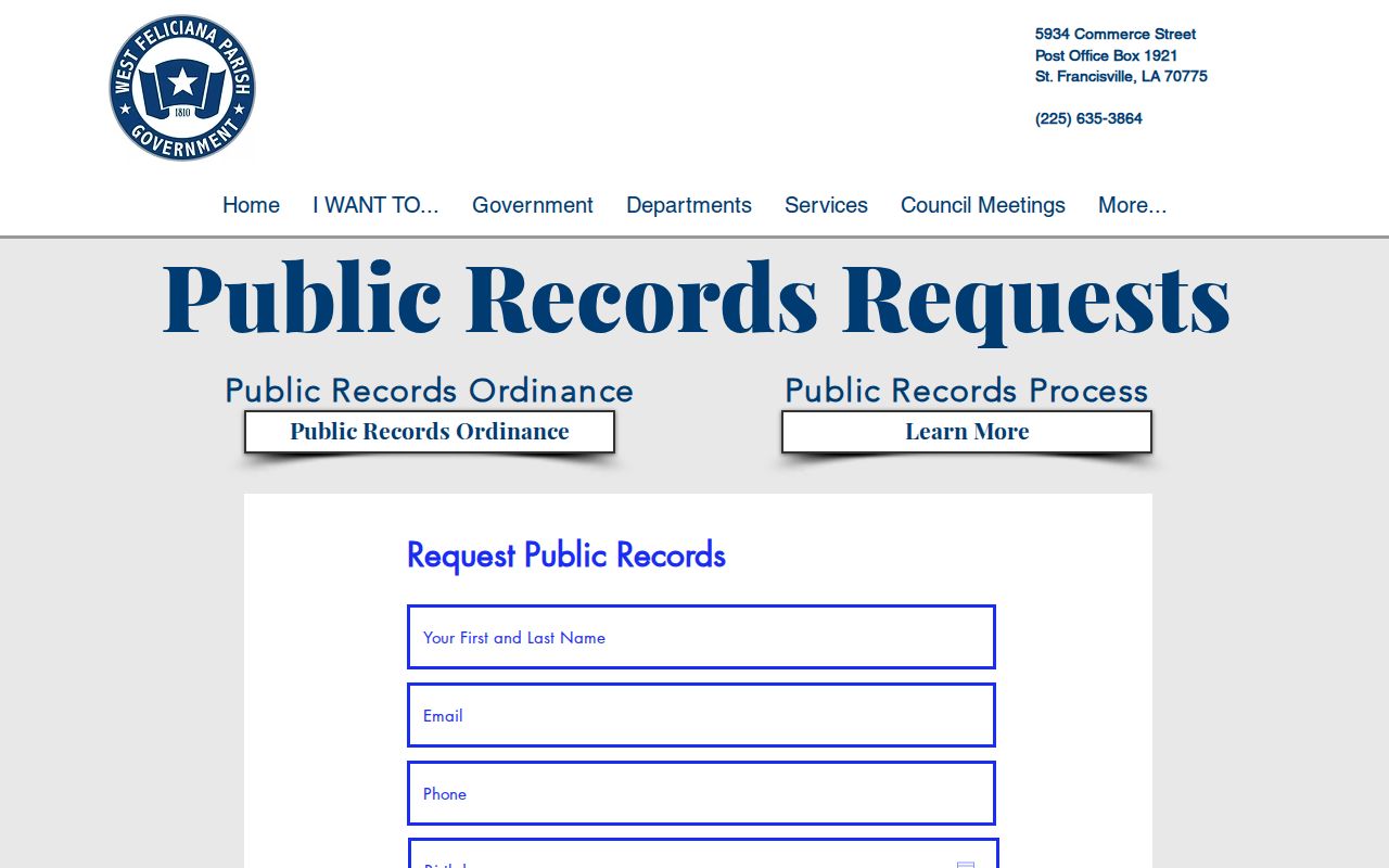 West Feliciana Parish public records request form used for traffic warrant record requests