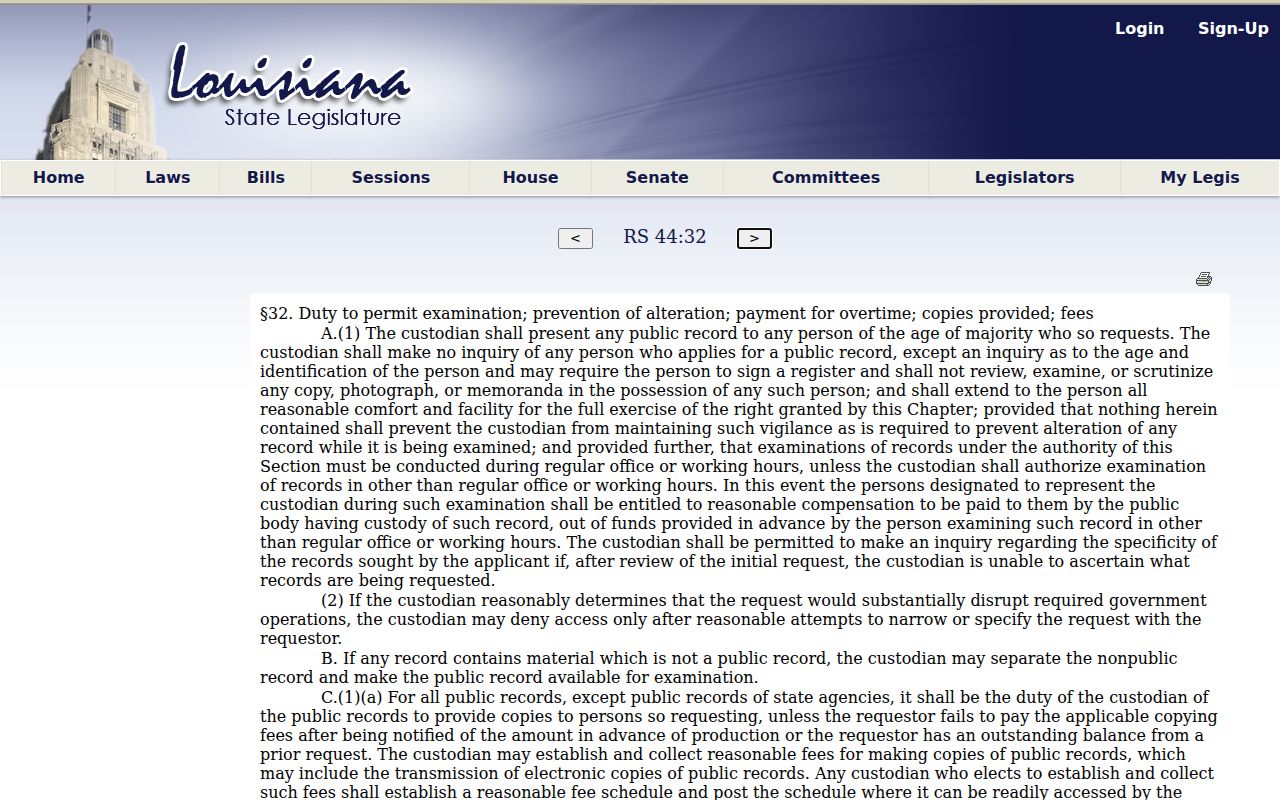 Louisiana public records statute page on custodian responses for West Feliciana Parish warrant records