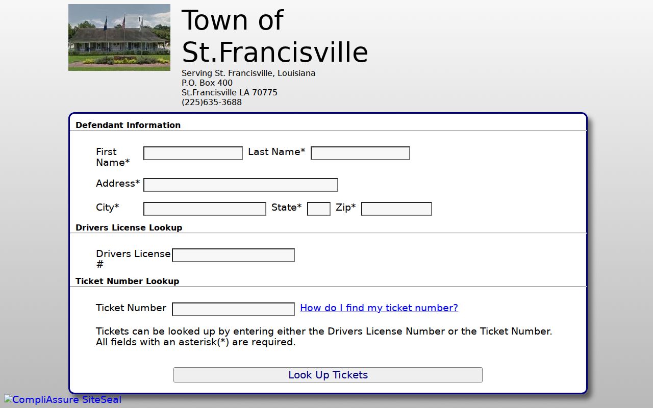 St. Francisville town ticket lookup form used in a warrant search