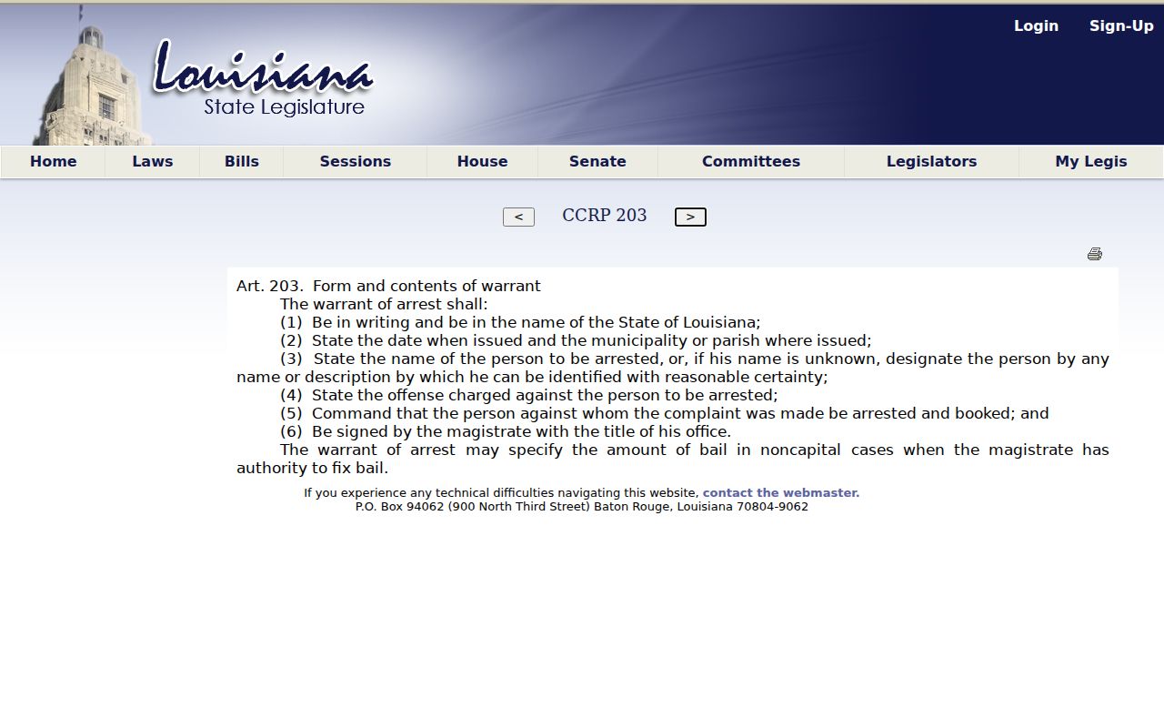 Louisiana arrest warrant field requirements page for West Feliciana Parish arrest warrant searches