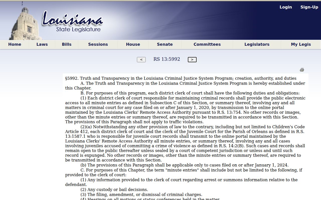 Louisiana statute page on electronic criminal minute access for West Feliciana Parish warrant searches