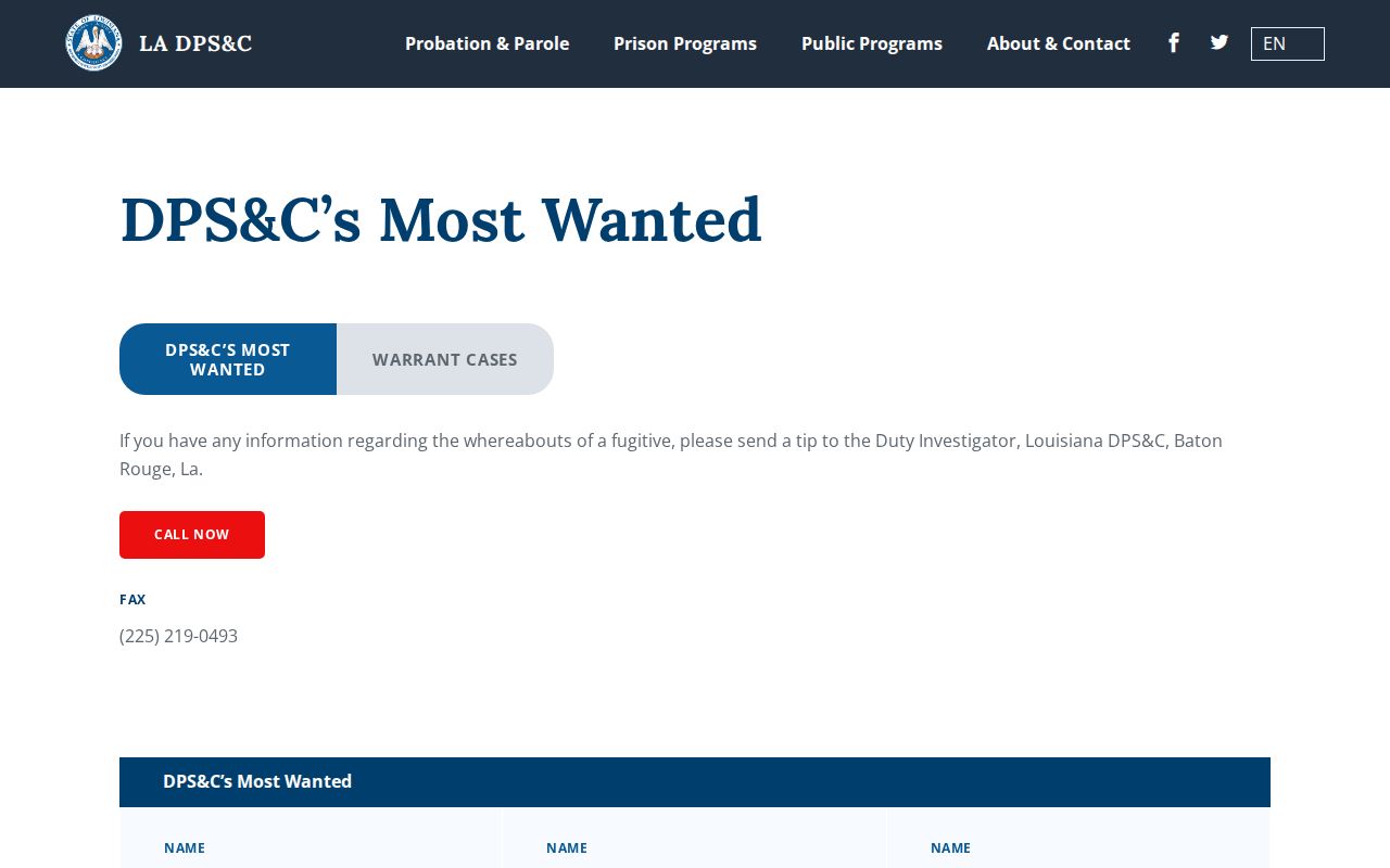 Louisiana DPS and C curated most wanted program page for West Feliciana Parish warrant records