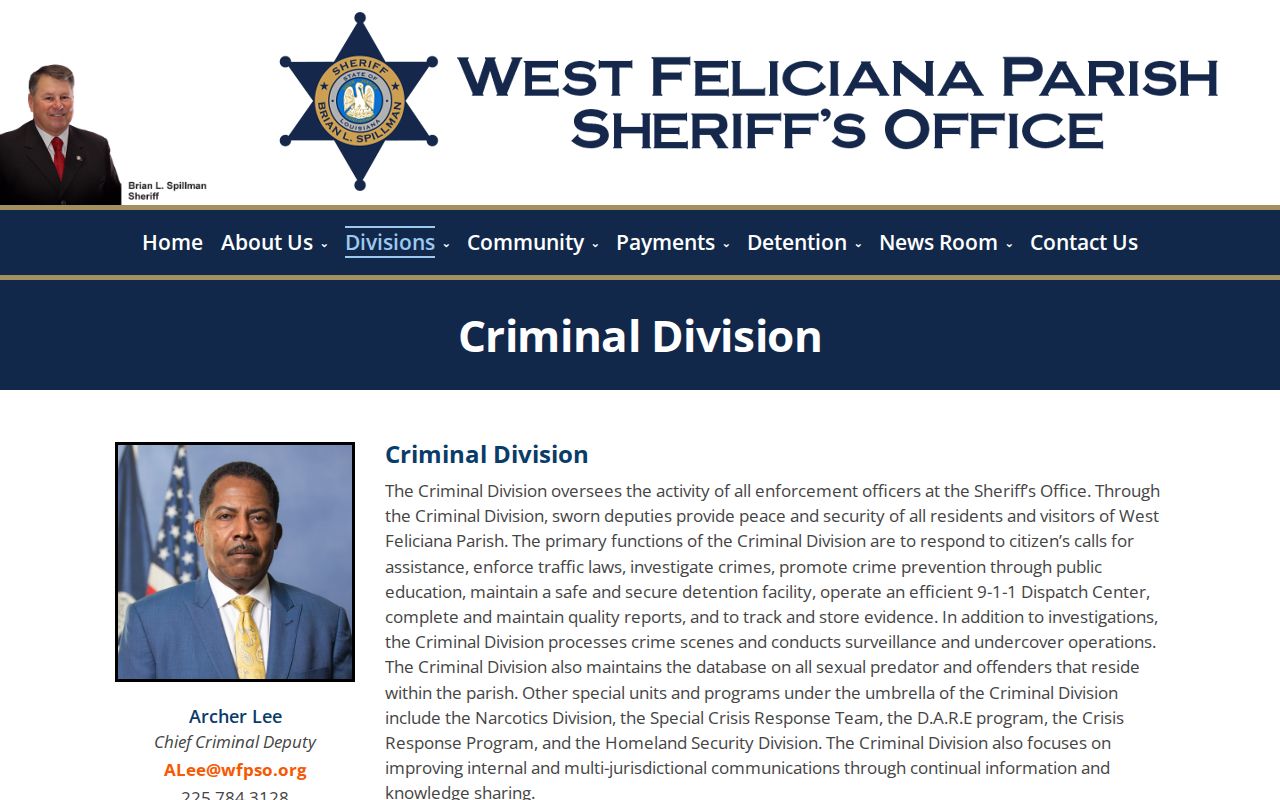 West Feliciana Parish Sheriff Criminal Division contact page for arrest warrant service